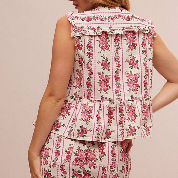 Boho Women's ditsy Floral Stripe Tie Front Tiered Ruffle Peplum Sl - Picture 2 of 5